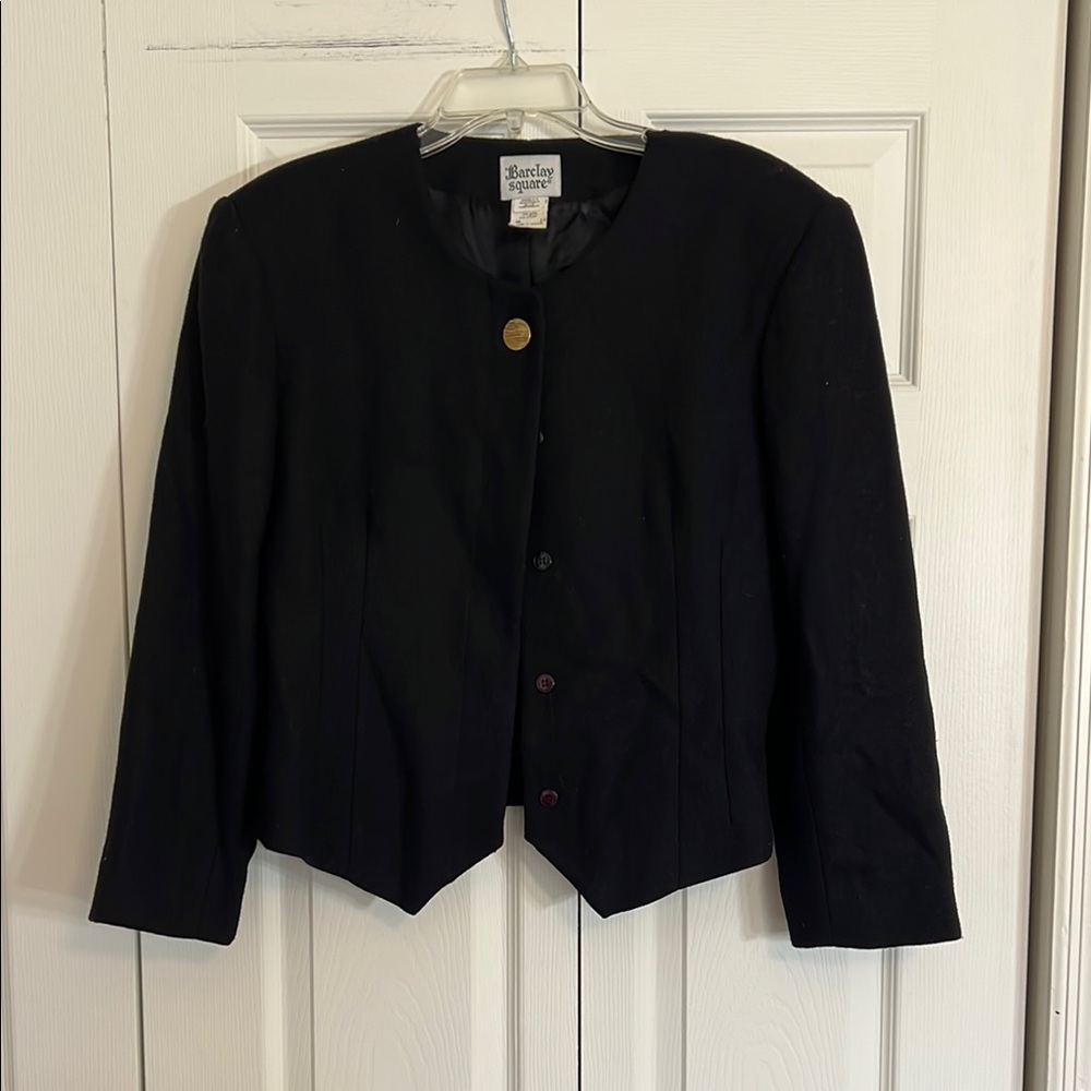 Vintage Barclay Square Women’s Size 14 Black Wool Blend Crop Blazer Jacket  F1.